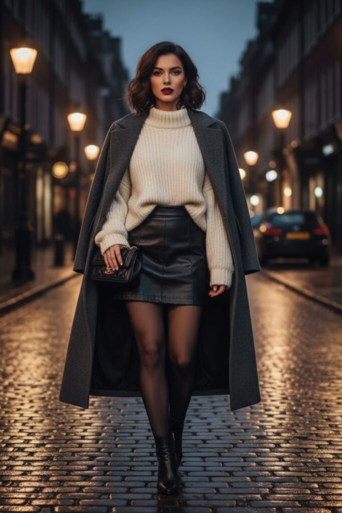 6. Chunky Sweater With Leather Skirt and Tights