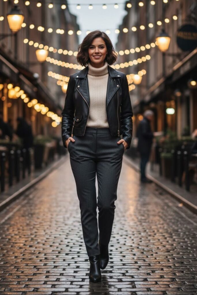6. Cropped Leather Jacket with a Turtleneck