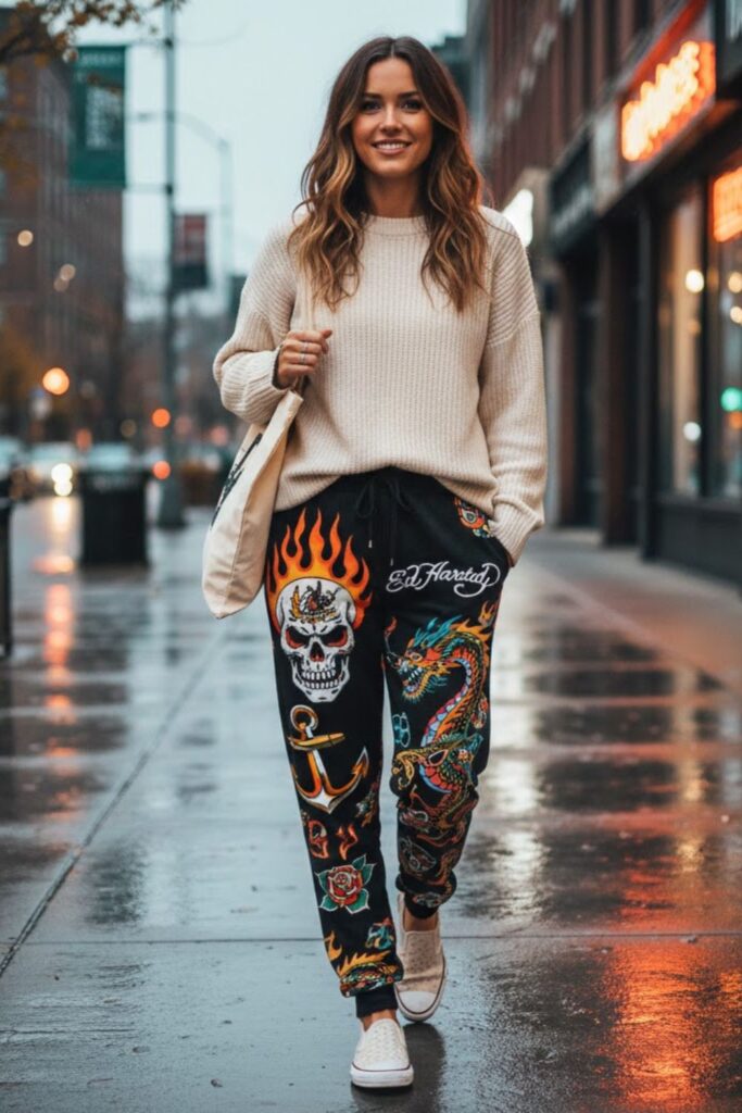 6. Ed Hardy Sweatpants with Neutral Sweater