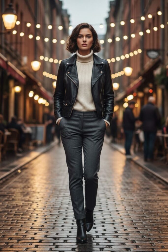 6. Faux Leather Jacket with Sweater and Slim Pants