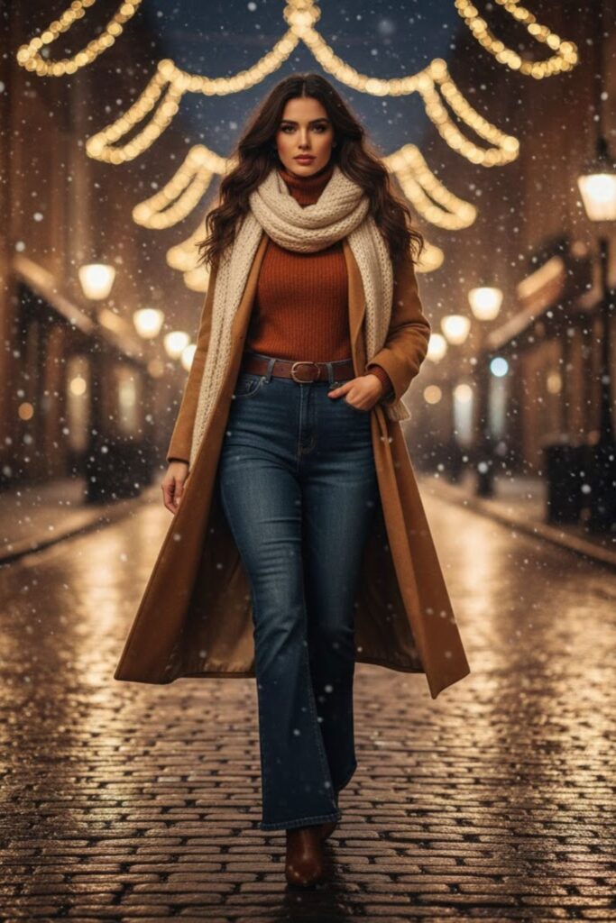 6. Flared Jeans with Fitted Top and Belted Coat