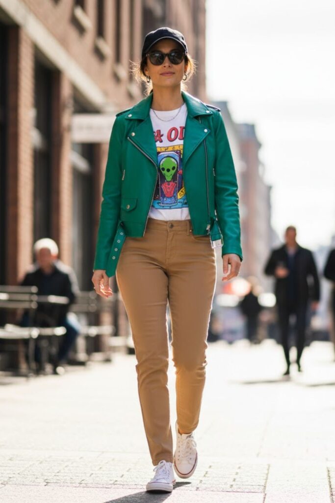 6. Green Leather Jacket with Graphic Tee and Chinos