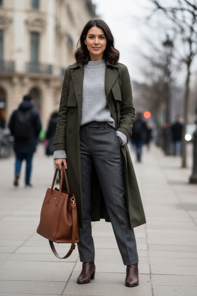 6. Green Trench Coat With a Gray Knit Sweater and Dark Trousers