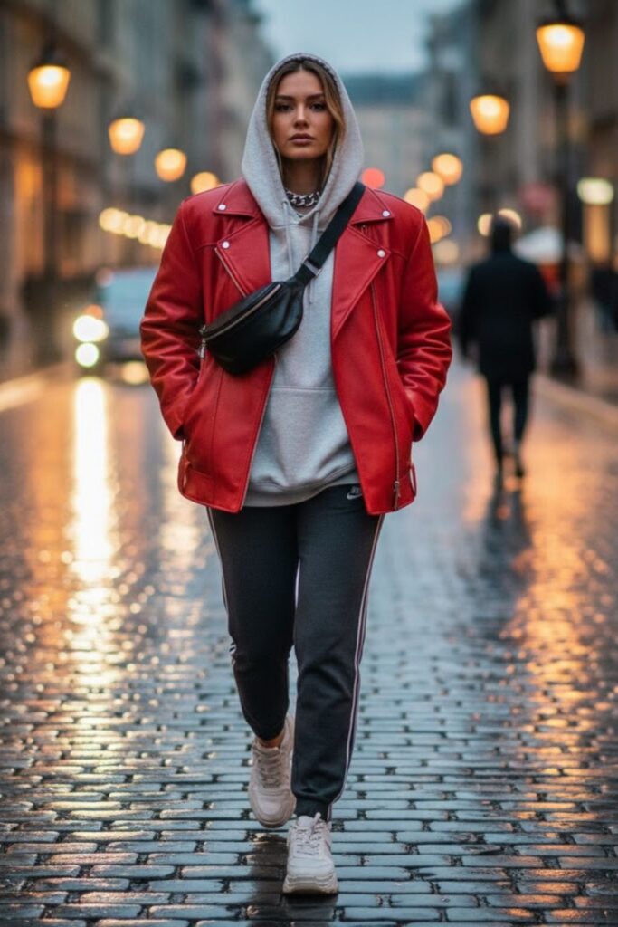 6. Leather Jacket and Hoodie Layered Look