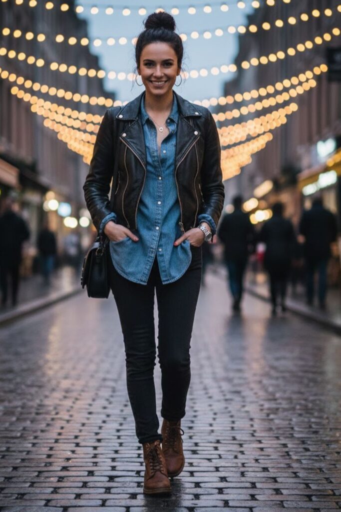6. Leather Jacket with Chambray Shirt and Dark Jeans