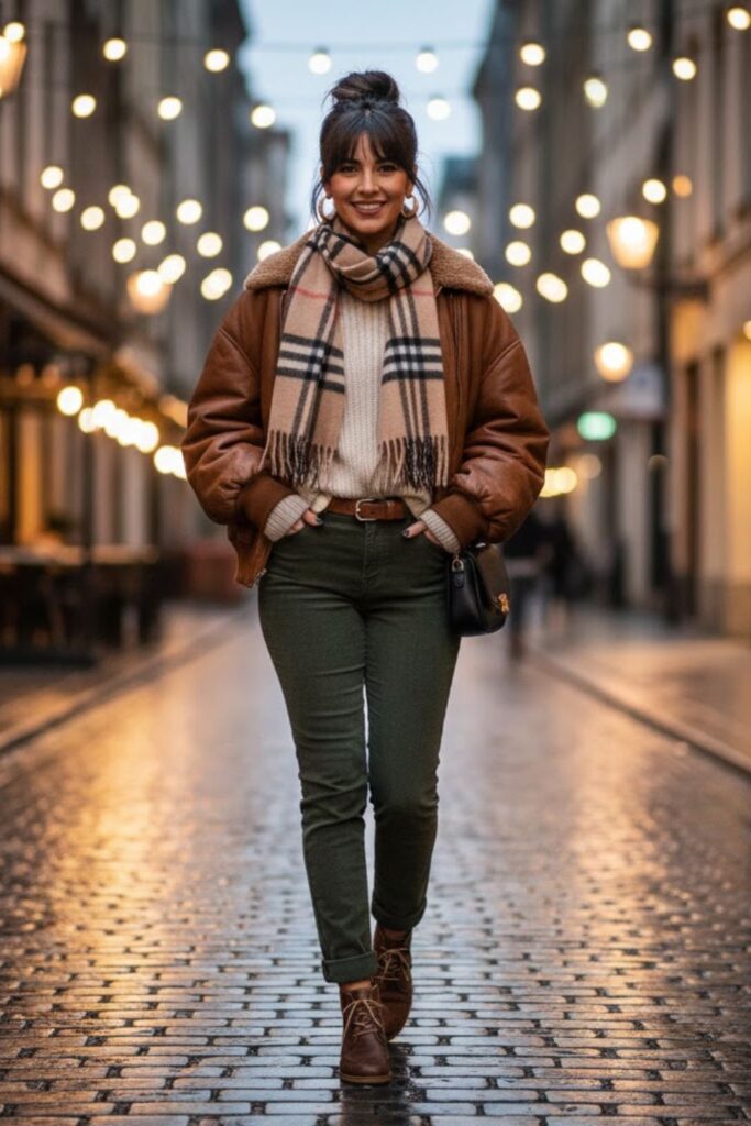 6. Leather Jacket with Sweater and Slim Corduroy Pants