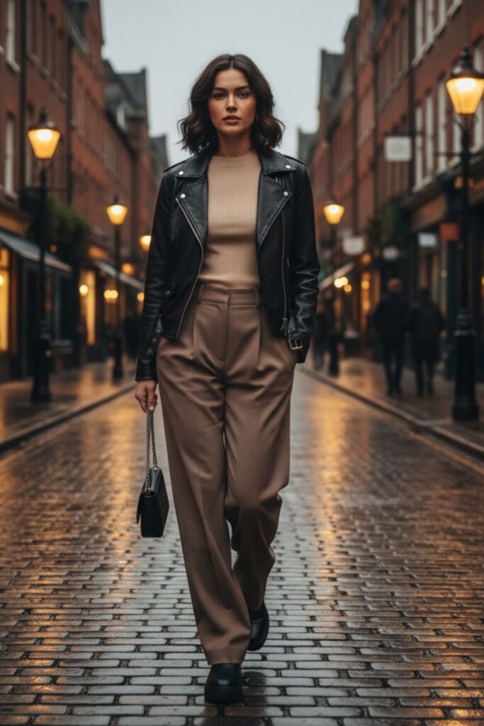 6. Leather Jacket with Wide-Leg Pants