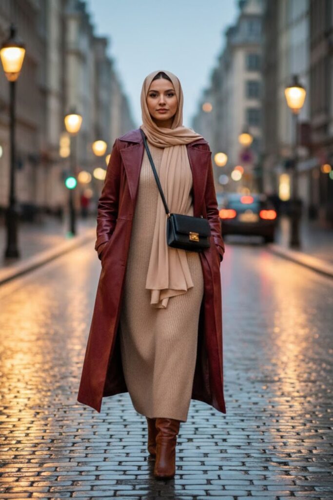 6. Leather Jacket with a Knitted Dress and Long Hijab
