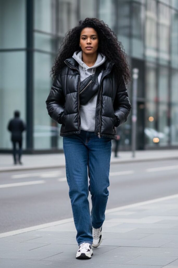 6. Leather Puffer Jacket Outfit with Hoodie Layering