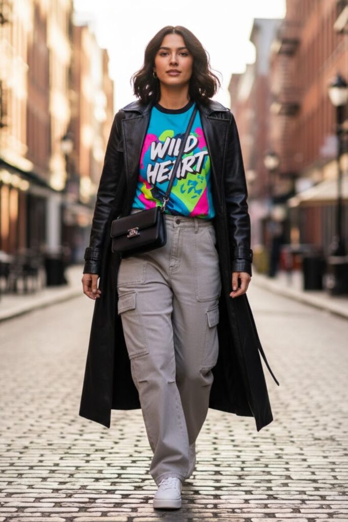 6. Long Leather Jacket over a Graphic Tee