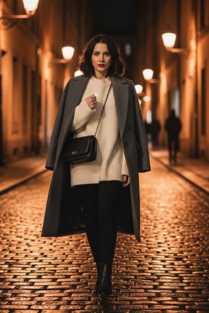 6. Long coat outfit casual with oversized sweater and leggings