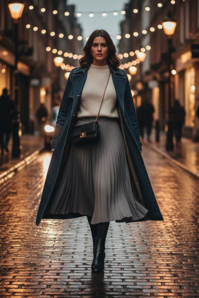 6. Long denim coat outfit with midi skirt and fitted sweater