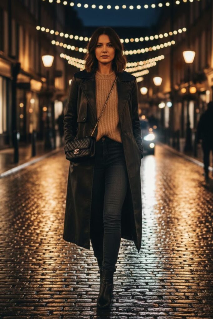 6. Long leather coat outfit with beige sweater and dark jeans
