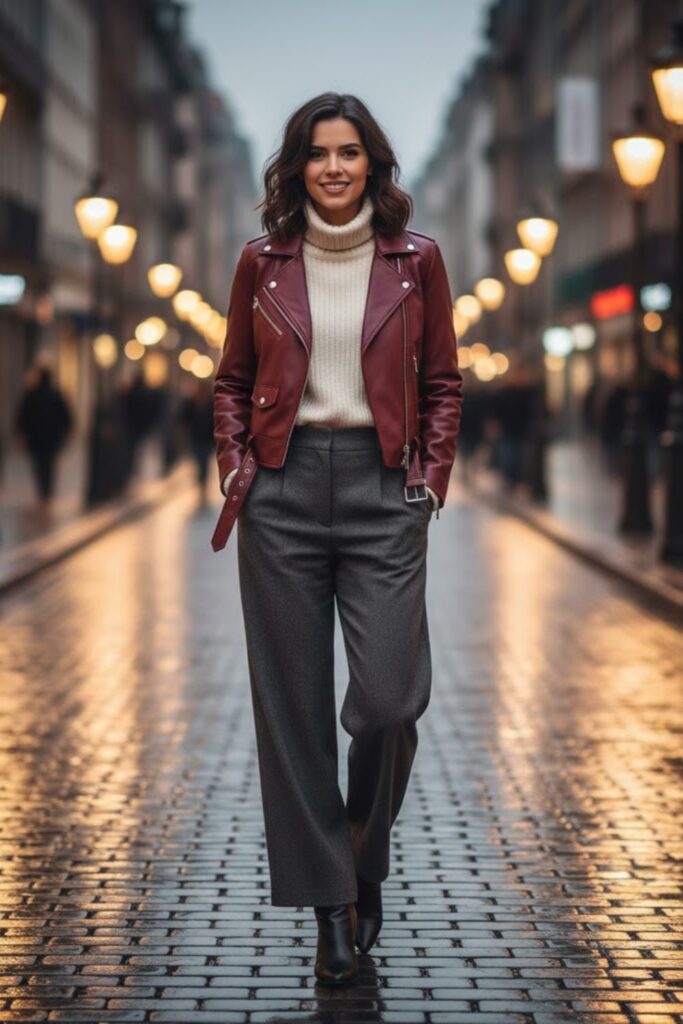 14. Maroon Leather Jacket with a Black Dress