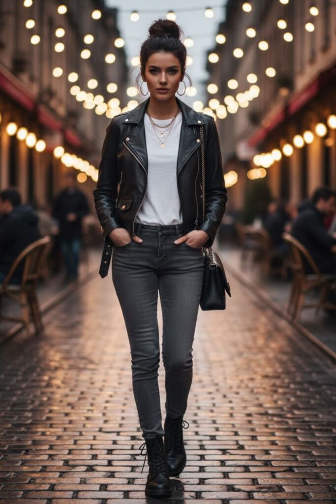 14. Leather Jacket with Grey Jeans and Striped Sweater