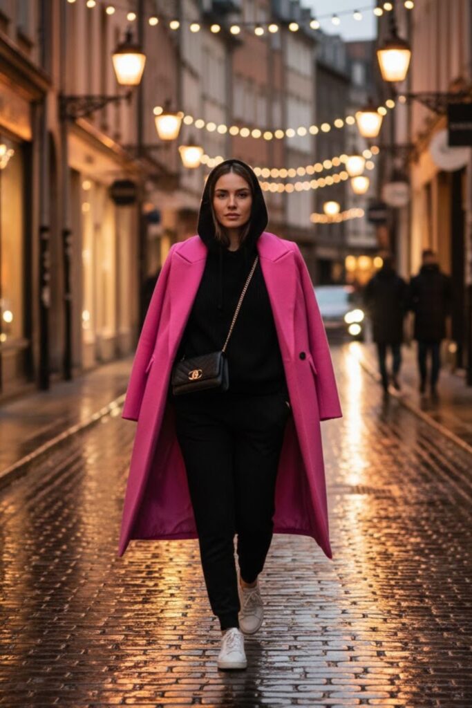 6. Pink long coat outfit with black hoodie and joggers