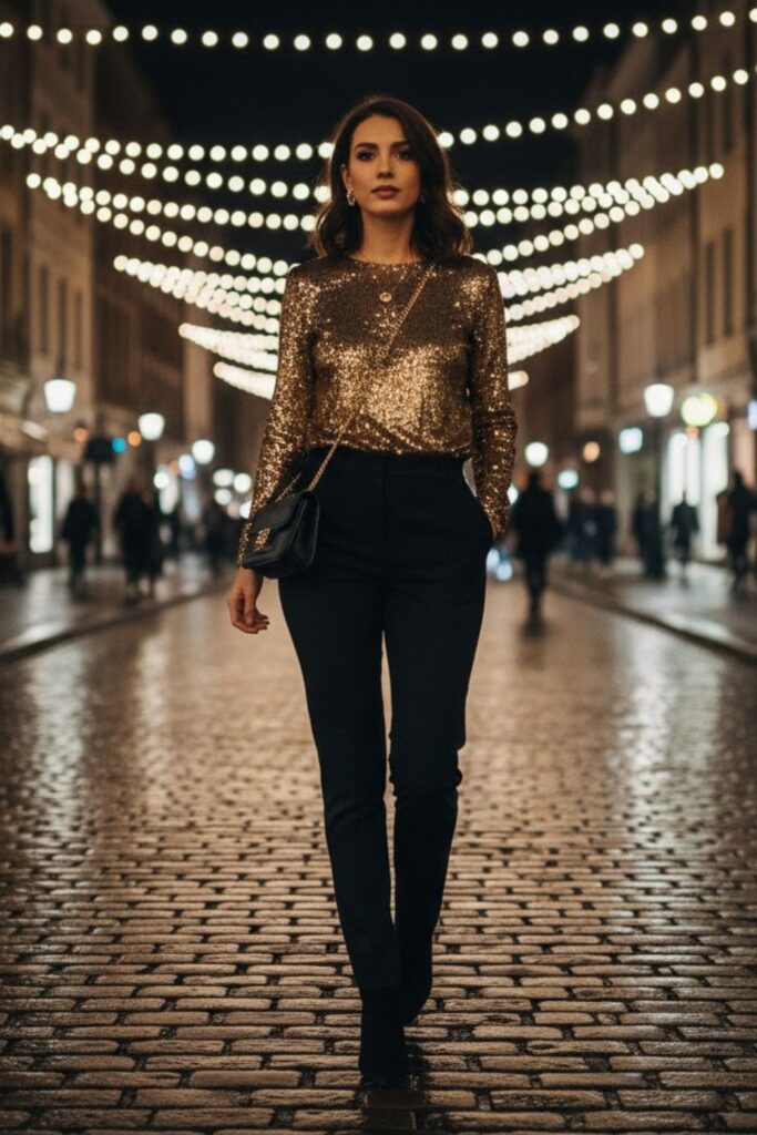 6. Sequin Top With Tailored Trousers
