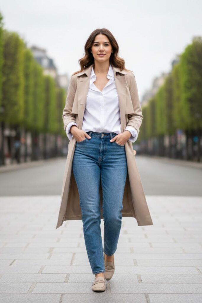 6. Spring Trench Coat with Button-Down Shirt and Jeans