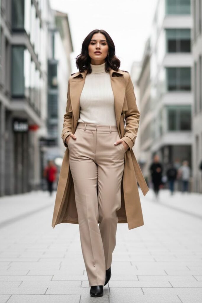6. Tan Trench Coat with Lightweight Turtleneck and Trousers