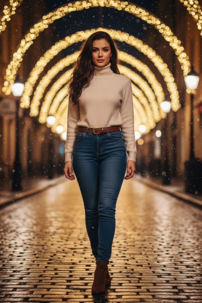 6. Turtleneck Sweater with High-Waisted Jeans