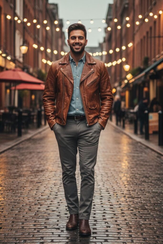 6. Vintage Leather Jacket with Button-Up Shirt and Chinos