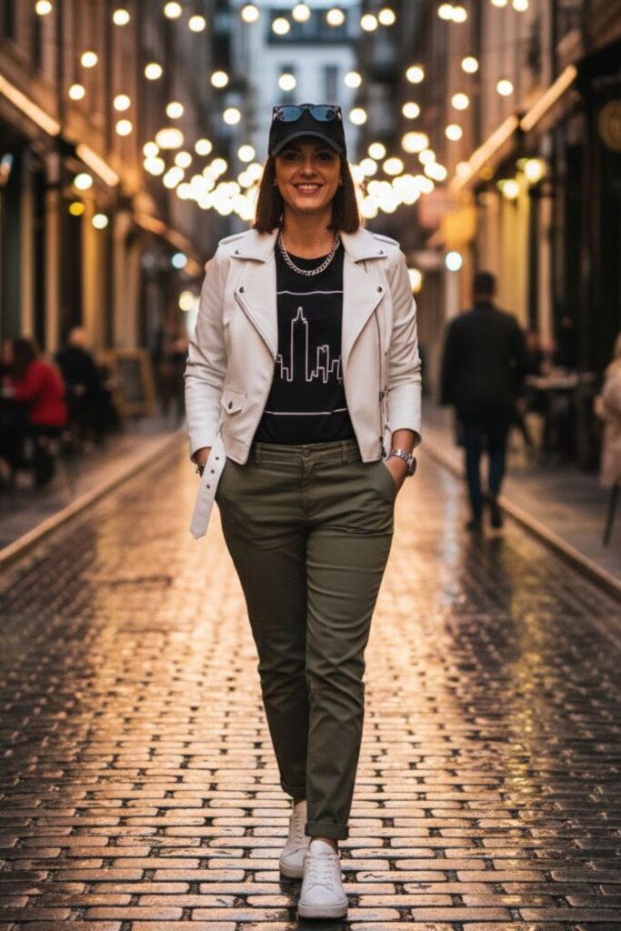 6. White Leather Jacket with Graphic Tee and Chinos