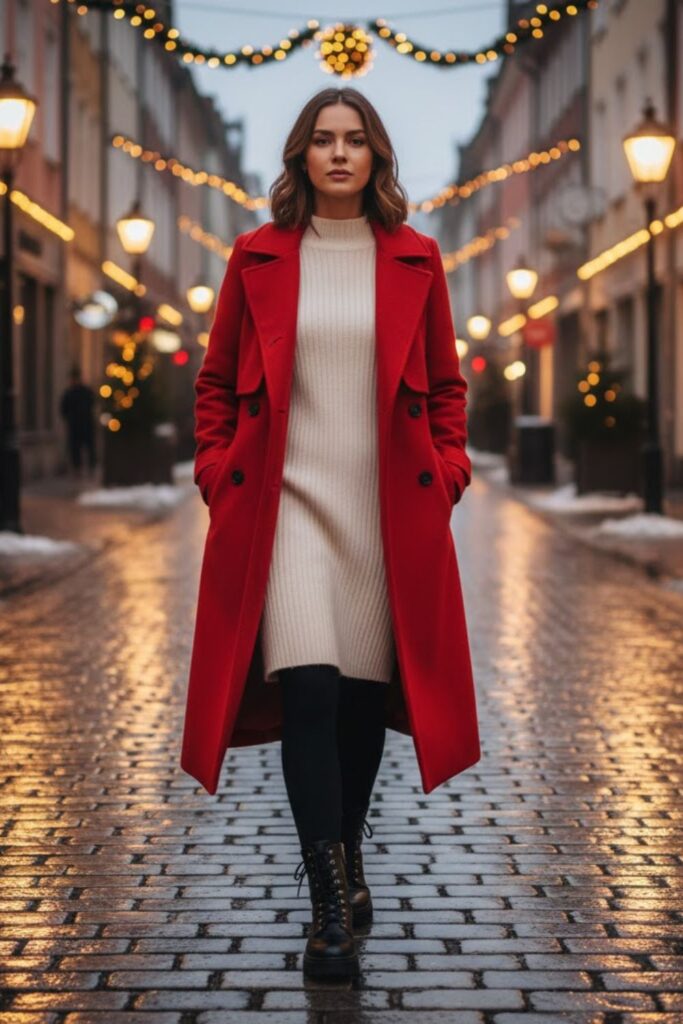 6. Winter Trench Coat with a Sweater Dress and Leggings