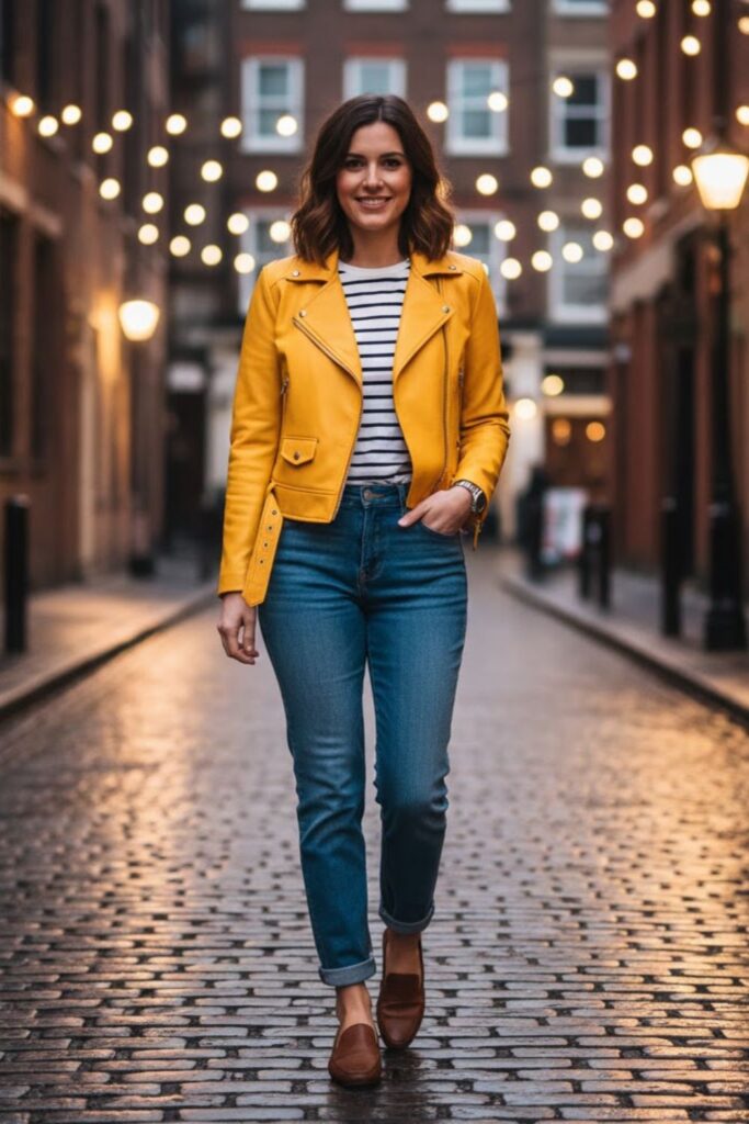 6. Yellow Leather Jacket with Striped Tee and Straight-Leg Jeans