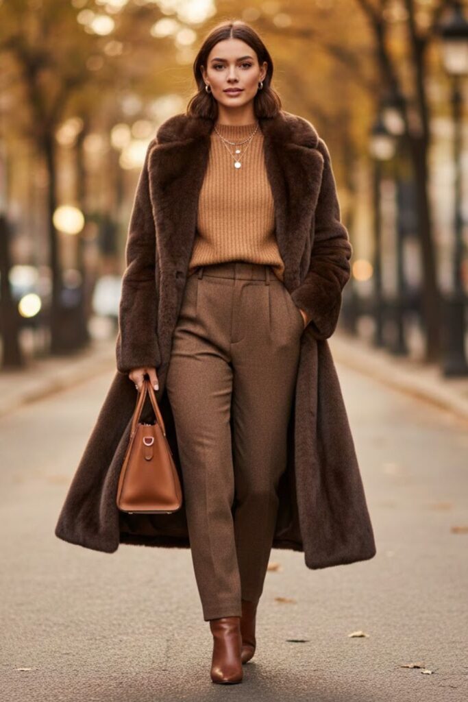 6. long fur coat outfit with camel sweater and brown trousers