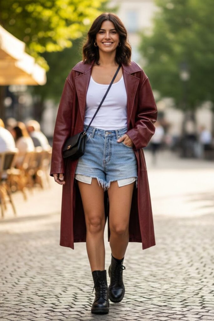 7. Baggy Leather Jacket with Denim Shorts and Boots