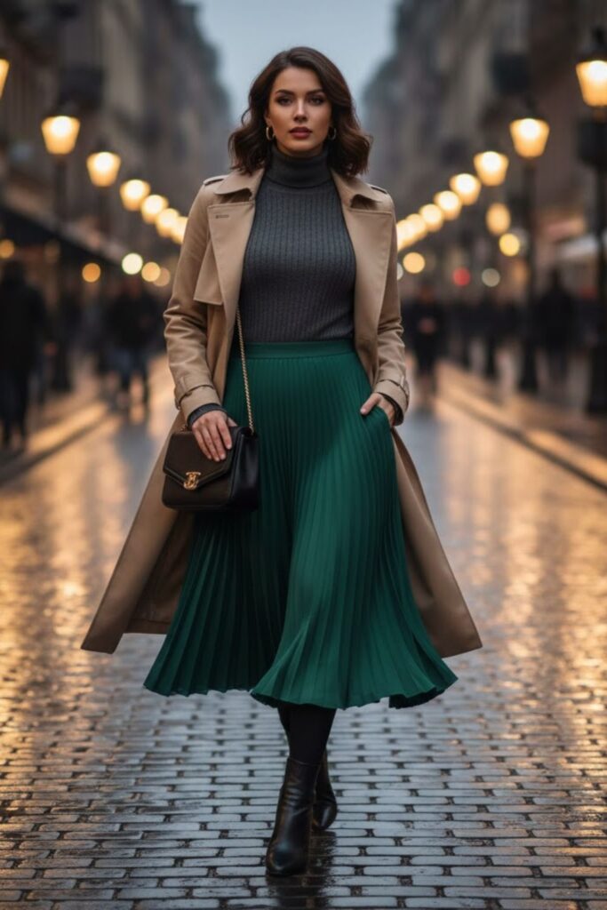 7. Beige Trench Coat and Pleated Midi Skirt