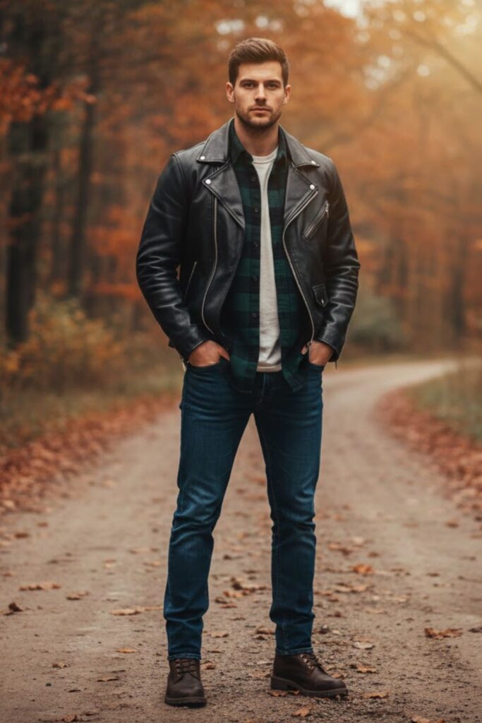7. Black Leather Jacket Outfit Men with Flannel Shirt and Denim