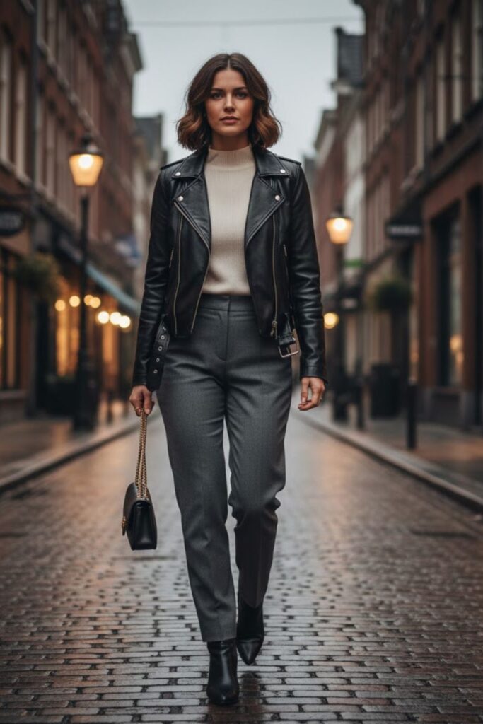 7. Black Leather Jacket with Tailored Trousers