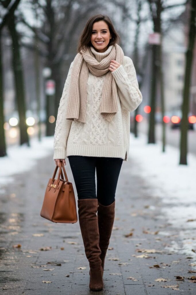 7. Black Leggings with Suede Boots and Chunky Sweater