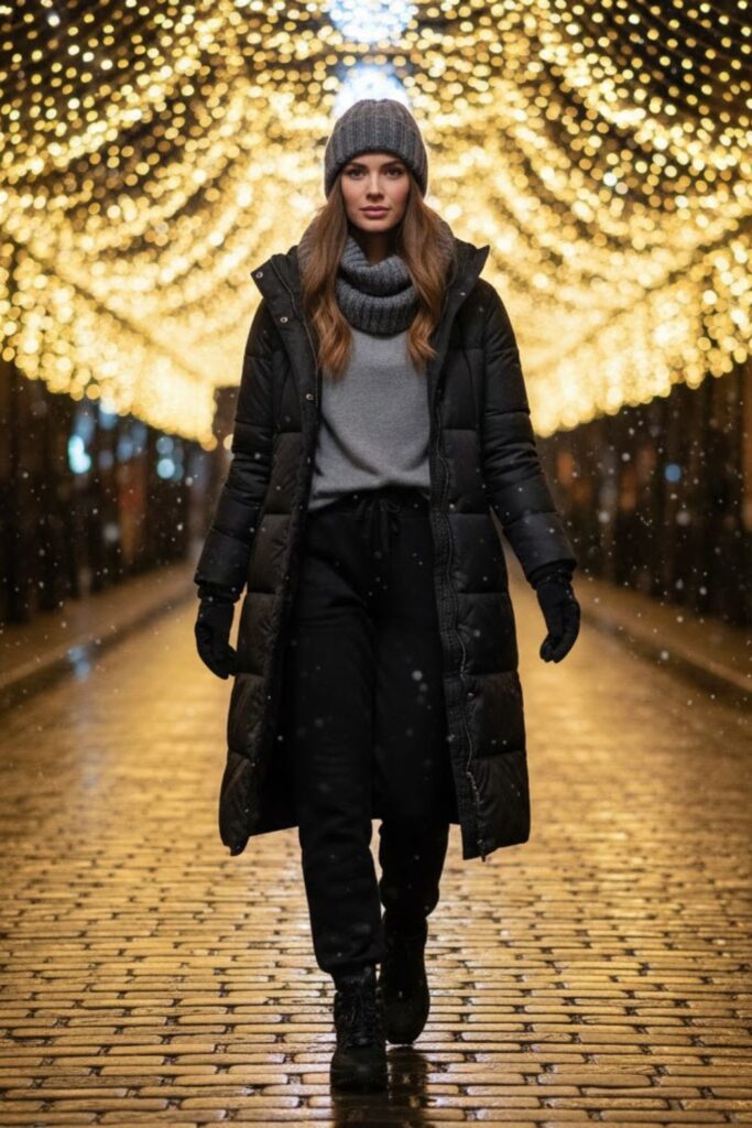 7. Black Sweatpants with Long Puffer Coat