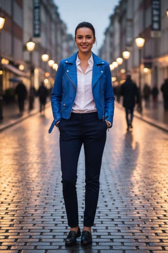 7. Blue Leather Jacket Outfit with White Button-Down Shirt