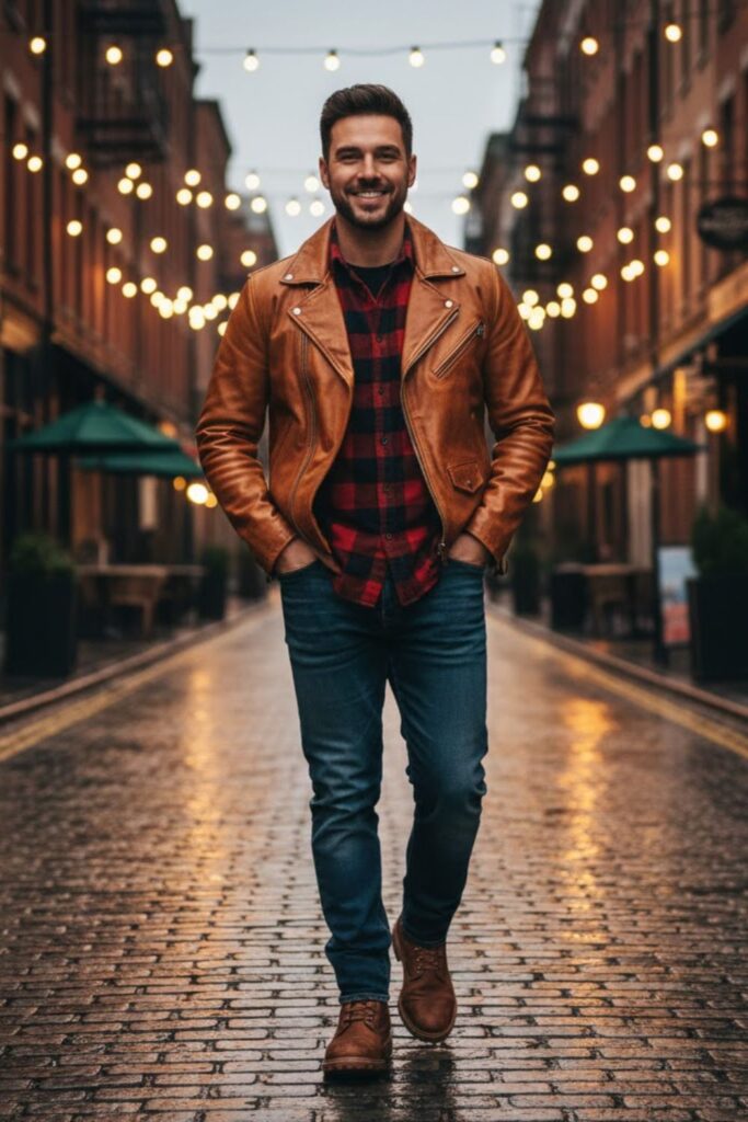 7. Brown Leather Jacket with a Flannel Shirt
