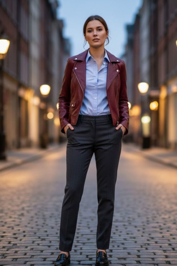 7. Burgundy Leather Jacket Outfit with Button-Down Shirt