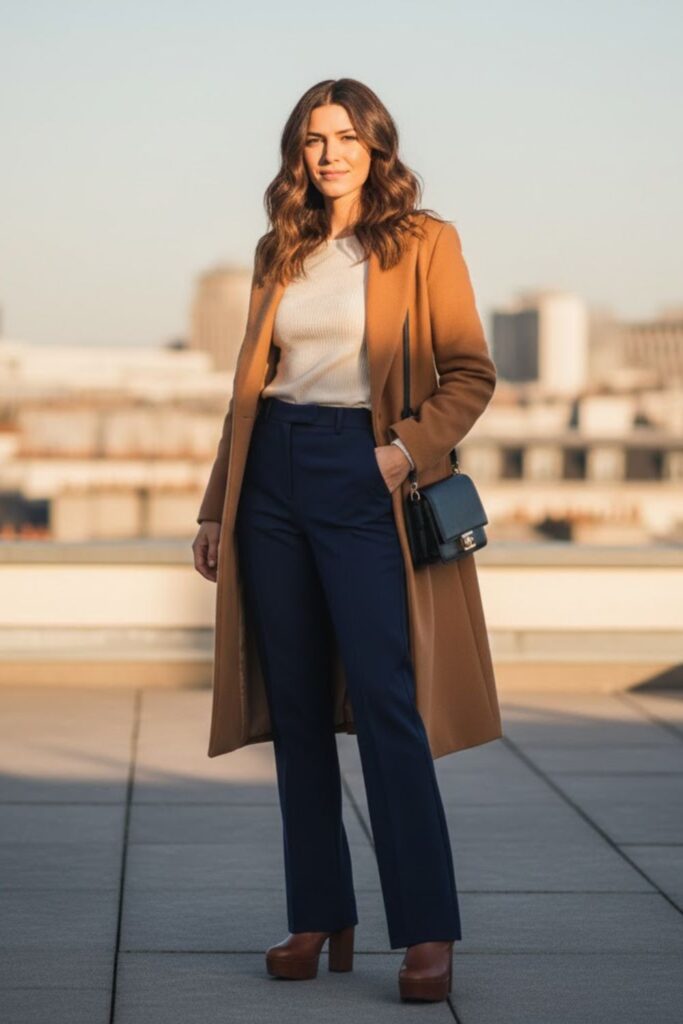 7. Camel Leather Jacket Outfit with Flared Pants