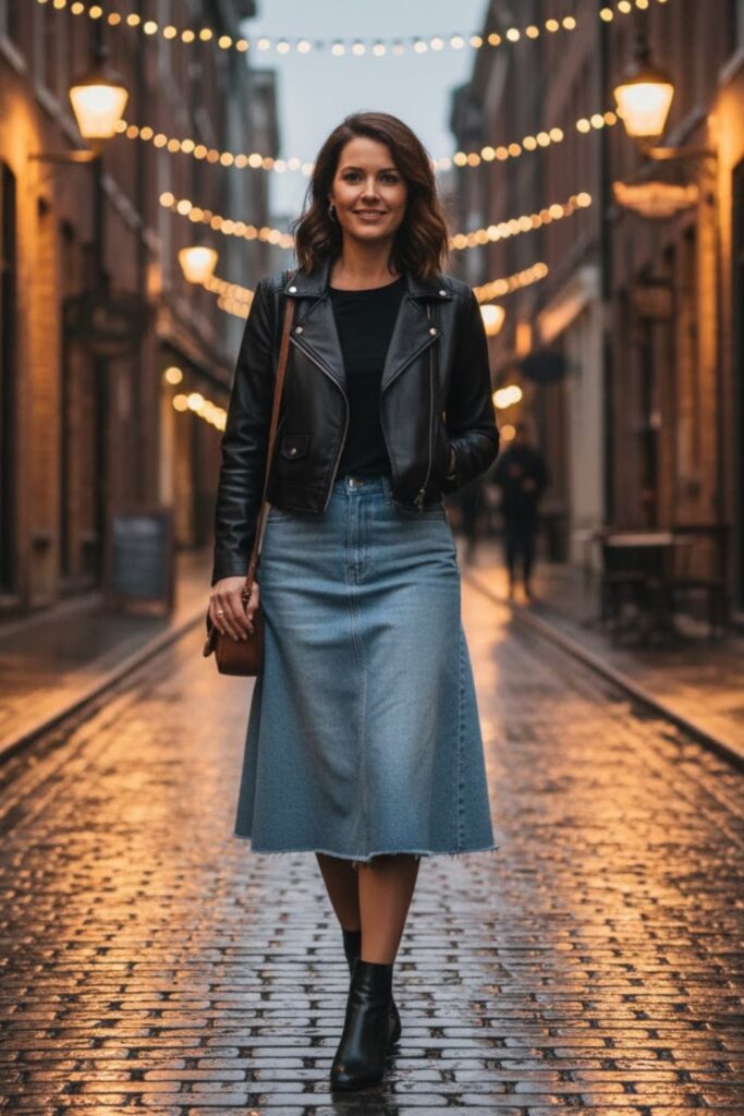 7. Cropped Leather Jacket with a Denim Skirt