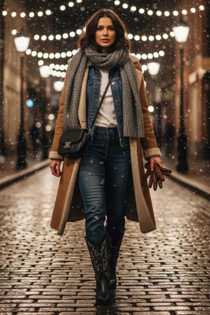 7. Denim Jacket Layered Under Lined Coat, White Tee, and Jeans