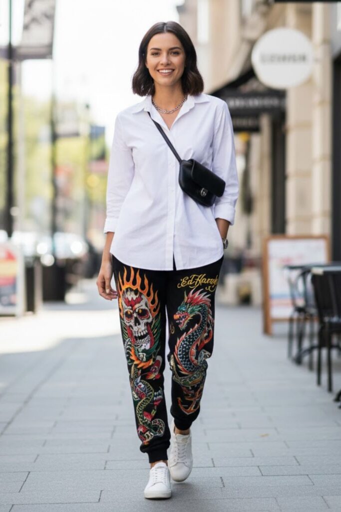7. Ed Hardy Sweatpants with Button-Down Shirt