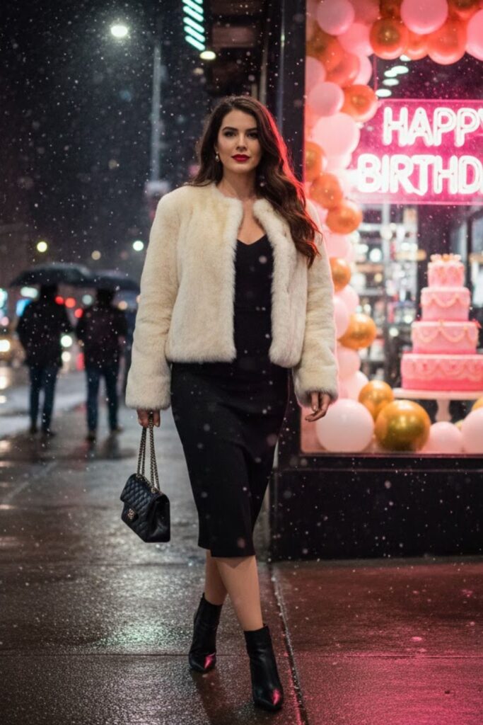 7. Faux Fur Jacket With Dress and Heeled Boots