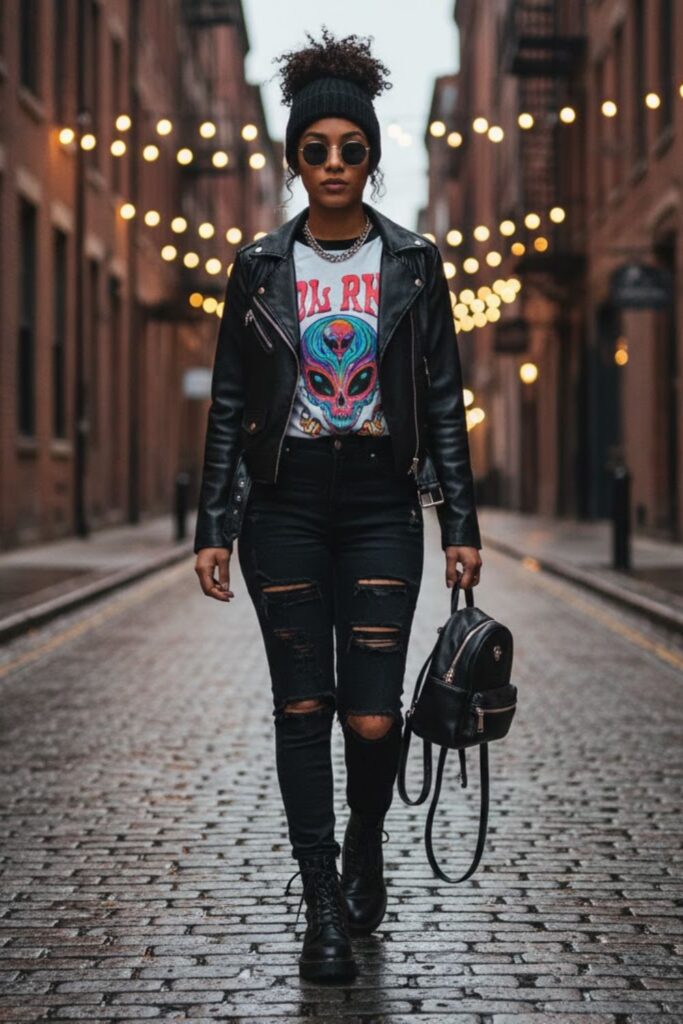 7. Faux Leather Jacket with Graphic Tee and Distressed Jeans