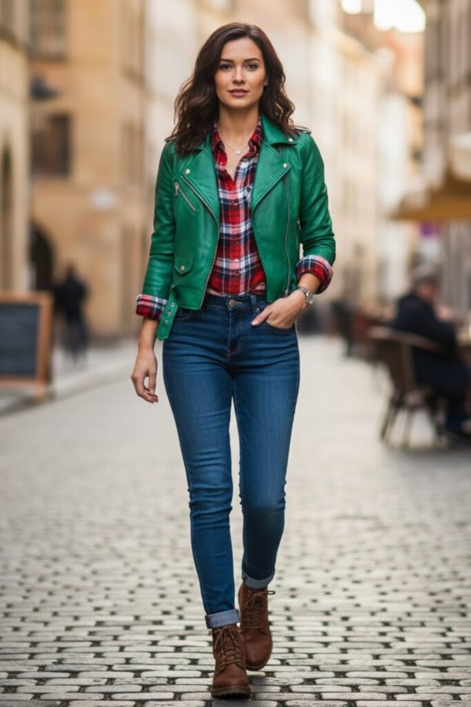 7. Green Leather Jacket with Plaid Shirt and Dark Jeans