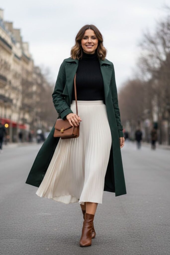 7. Green Trench Coat and Pleated Midi Skirt