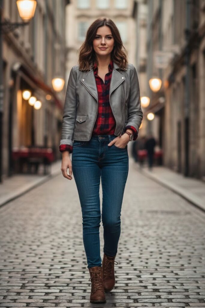 7. Grey Leather Jacket with Plaid Shirt and Dark Jeans
