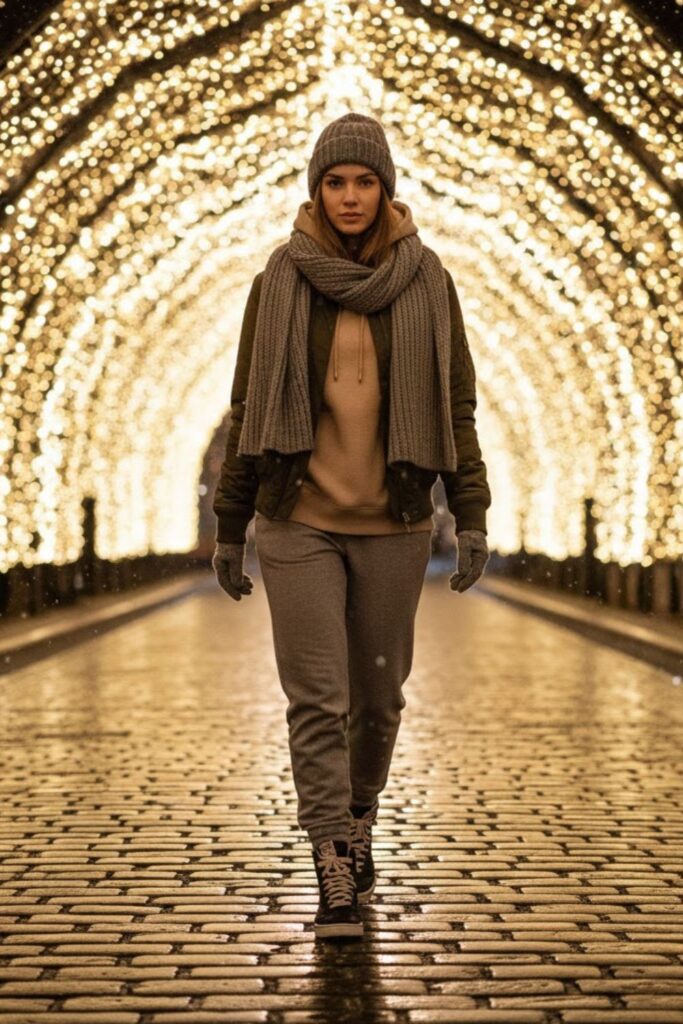 7. Grey Sweatpants with Bomber Jacket and Hoodie
