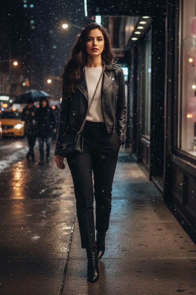 7. Leather Jacket With Knit Top and Trousers