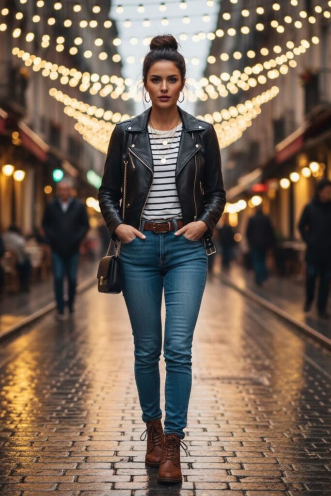 7. Leather Jacket with Blue Denim and Striped Shirt